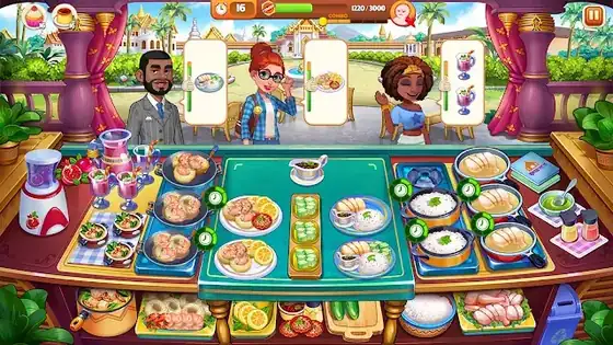 Cozinha do jogo com pratos em preparação e clientes à espera
