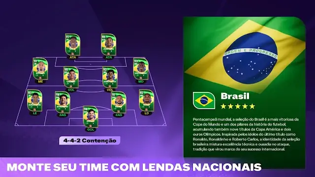 Ecrã de plantel com jogadores licenciados e escudos de clubes