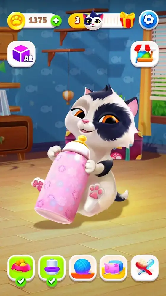 Gato virtual a ser acariciado num cenário doméstico colorido