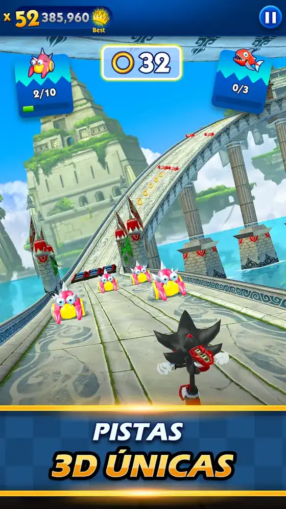 Sonic a correr por pista tridimensional cheia de anéis